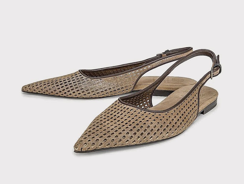 Textured slingbacks highlight pointed toes and back straps