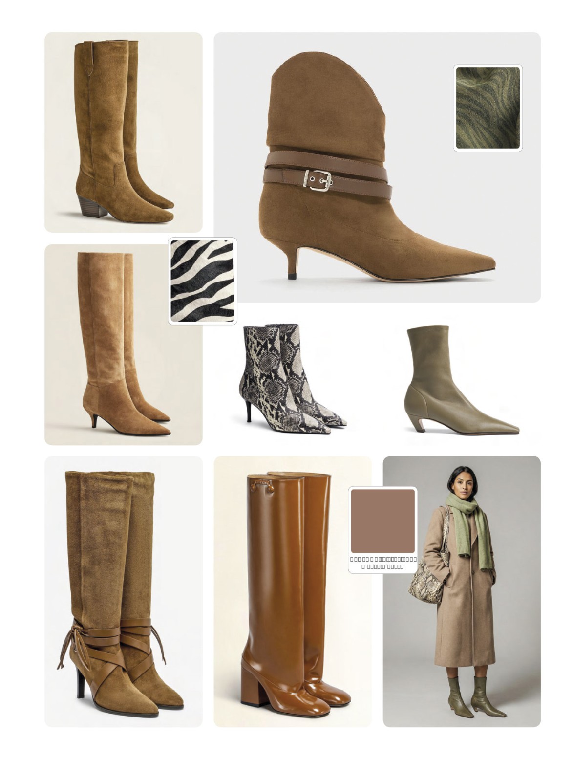 Women's suede boots in camel tones with leather and prints
