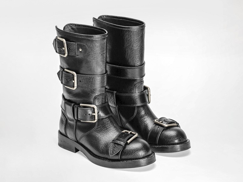 Biker boots with straps, buckles and track outsoles