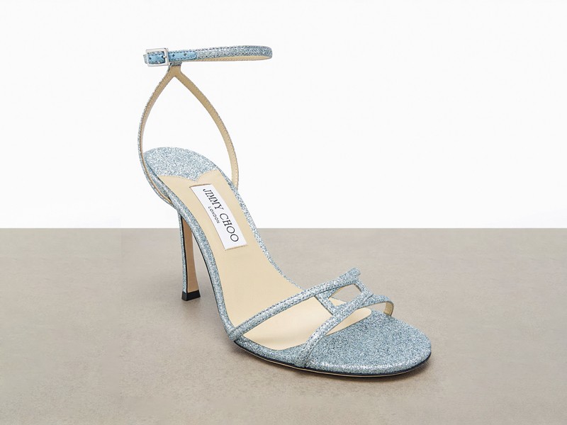 Earth and blue tones differentiate high-heeled sandals