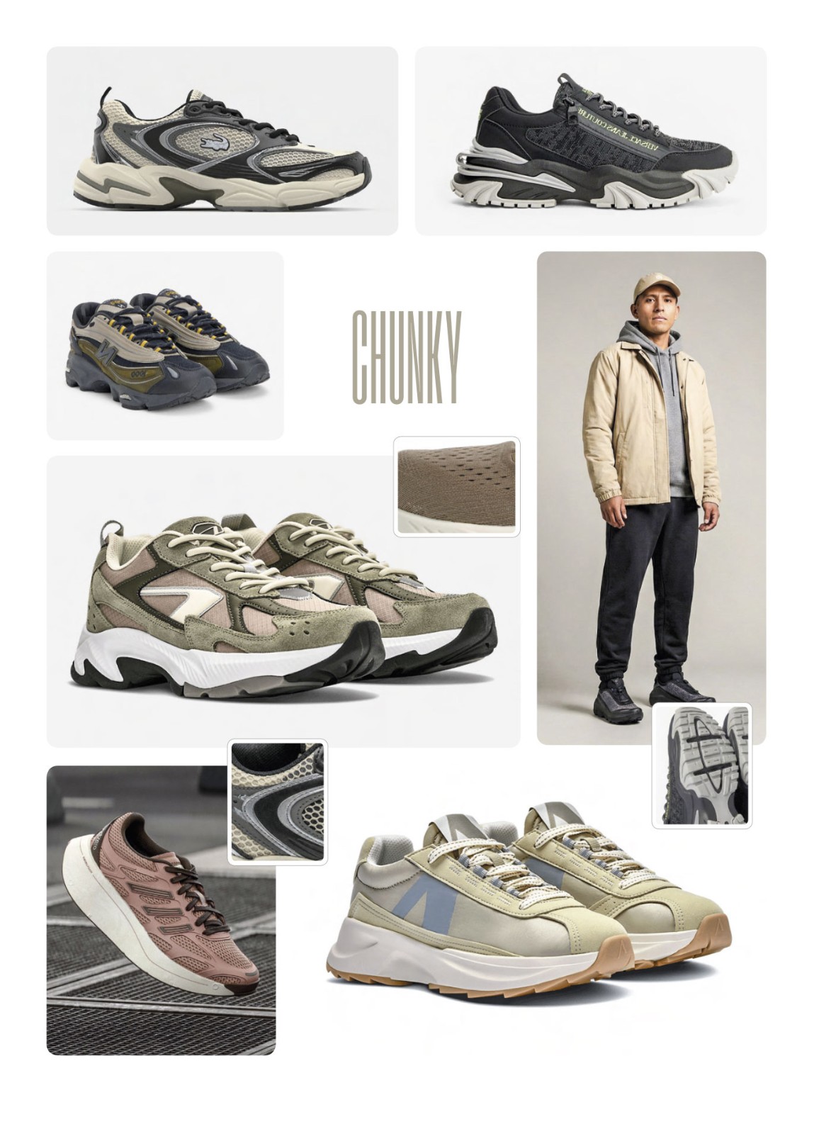 Sneakers chunky urbanas con panelería técnica y suelas voluminosas