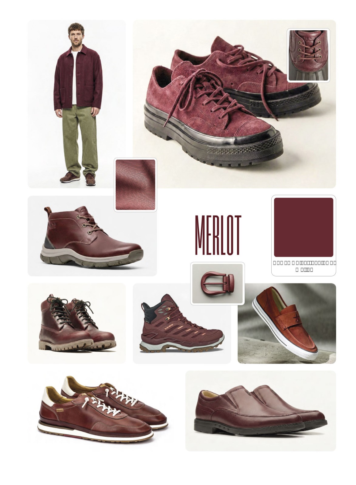 Men’s merlot-tone footwear in leather and suede finishes