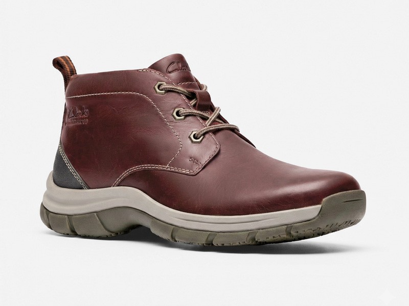 Men’s merlot-tone footwear in leather and suede finishes