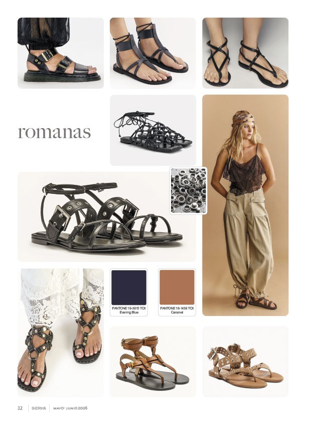 Sandalias romanas enlazan tiras, hebillas y tobillos