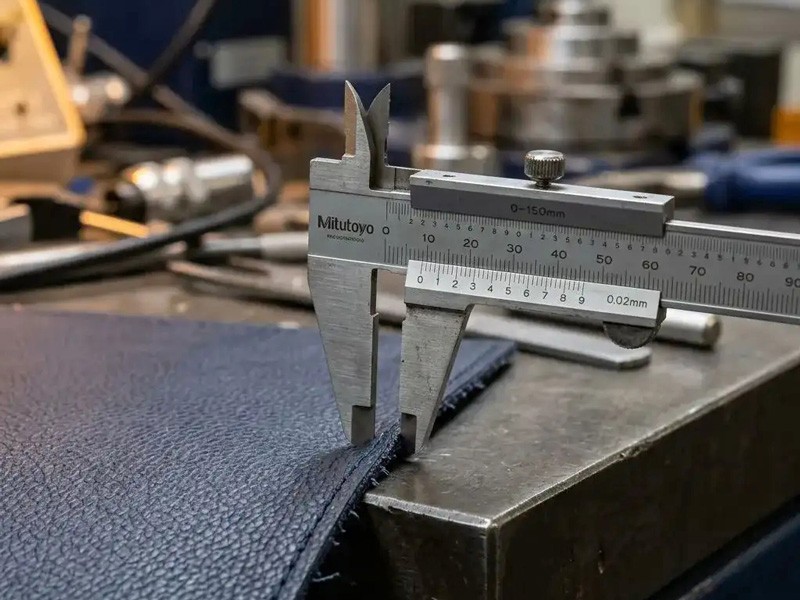 Material thickness measurement using a vernier caliper to check consistency against the approved specification. How to Specify Synthetic Materials for Footwear: Flexing, Hydrolysis, Abrasion and Application