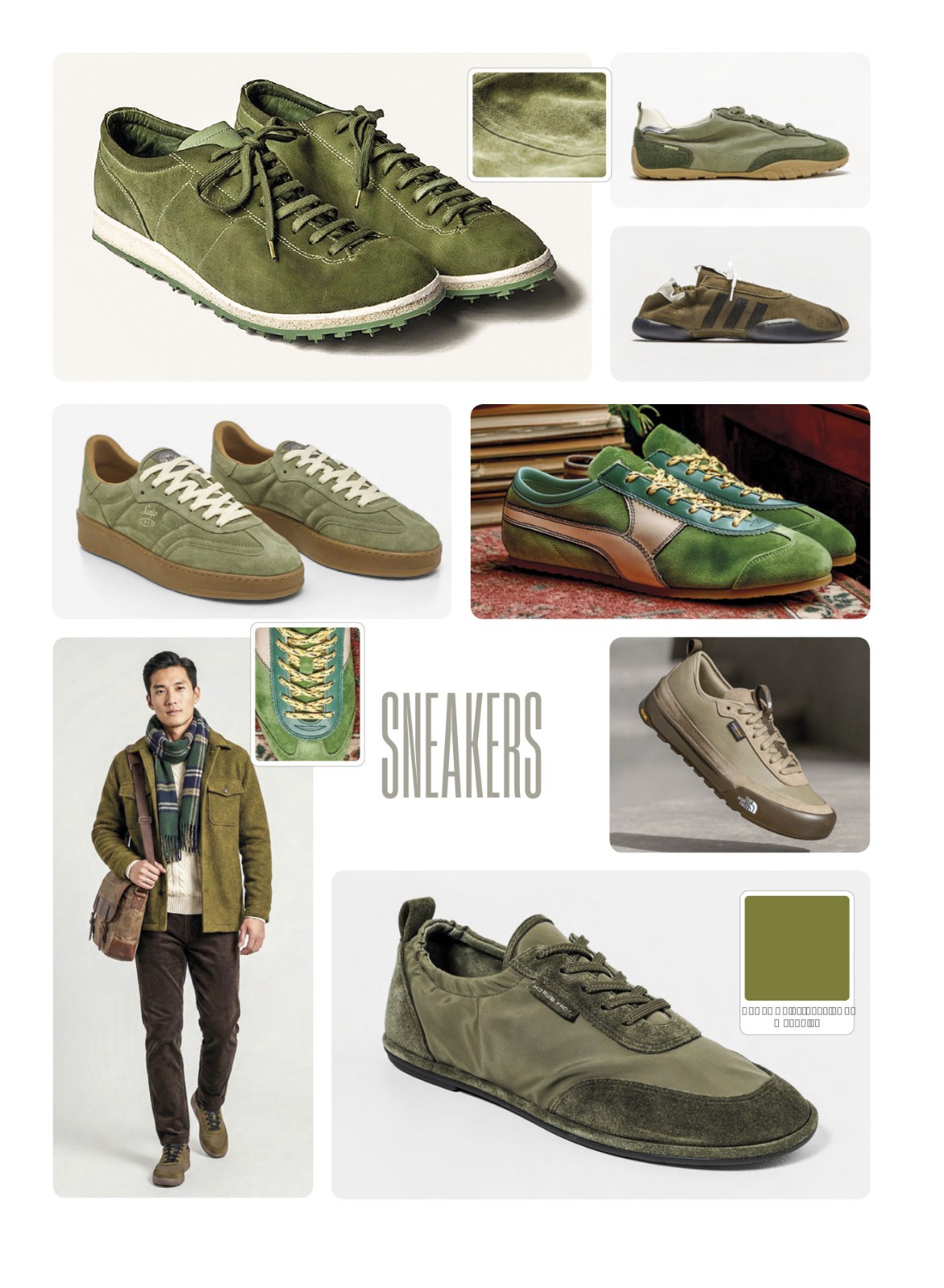 Olive-toned urban sneakers with suede cues and gum sole units