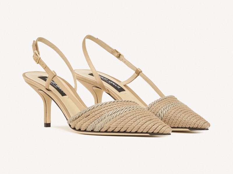 Earth and blue tones differentiate high-heeled sandals