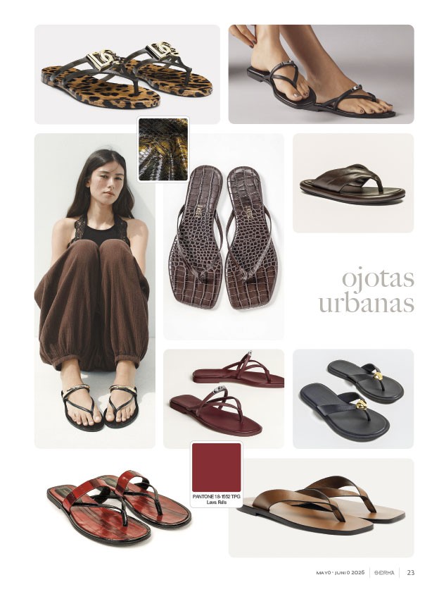 Ojotas urbanas refinan tiras, texturas y tonos oscuros