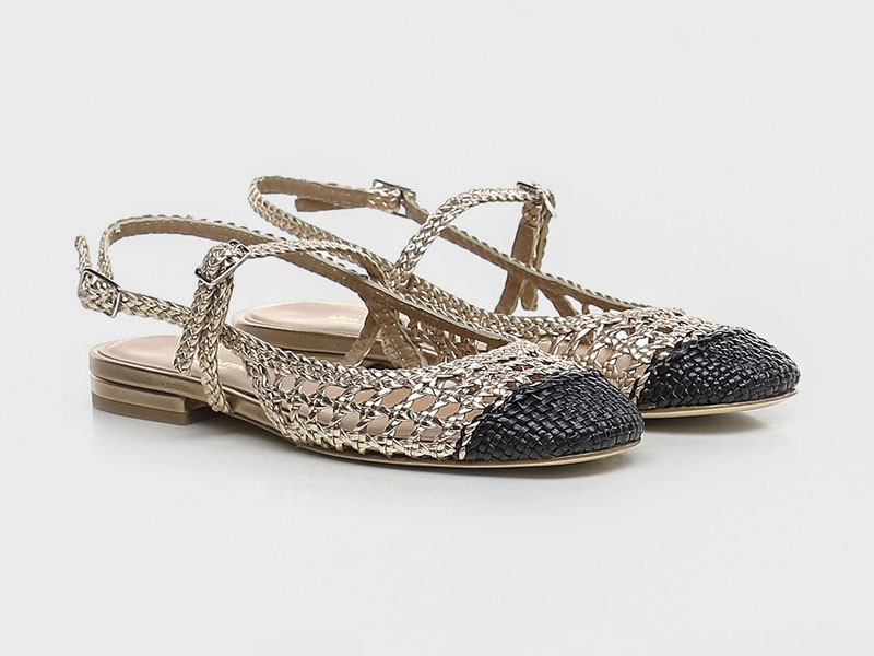 Textured slingbacks highlight pointed toes and back straps