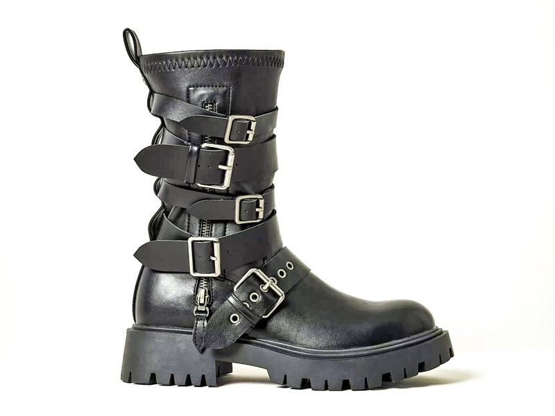 Biker boots with straps, buckles and track outsoles