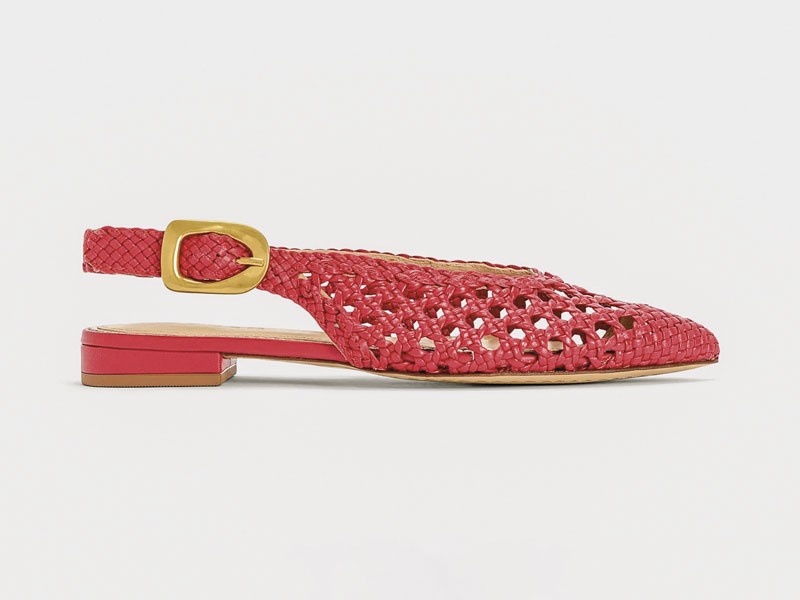 Textured slingbacks highlight pointed toes and back straps