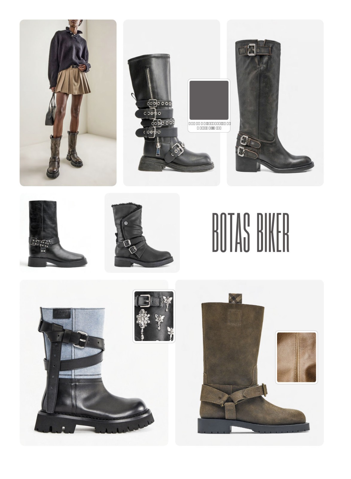 Biker boots with straps, buckles and track outsoles