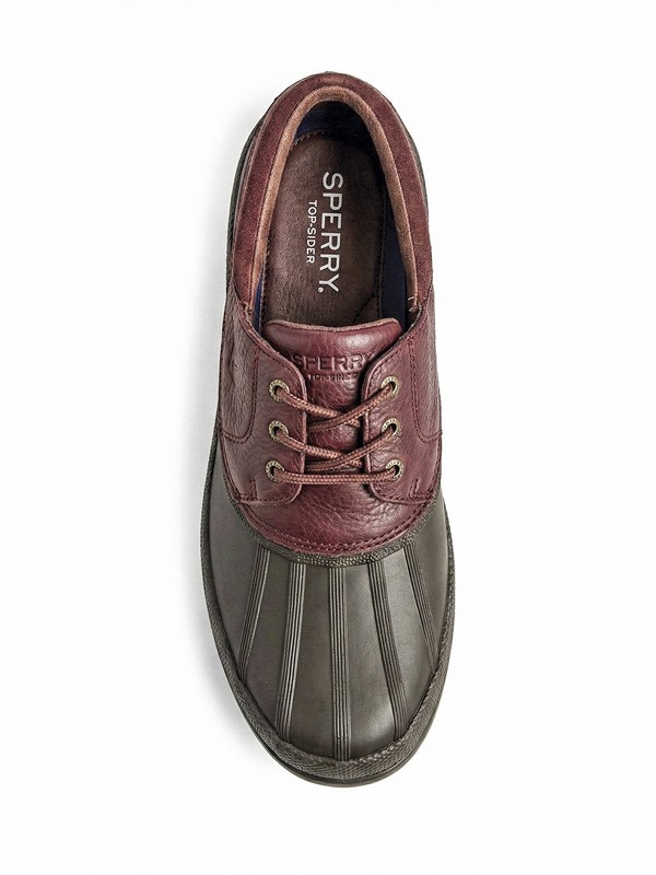 Men’s merlot-tone footwear in leather and suede finishes