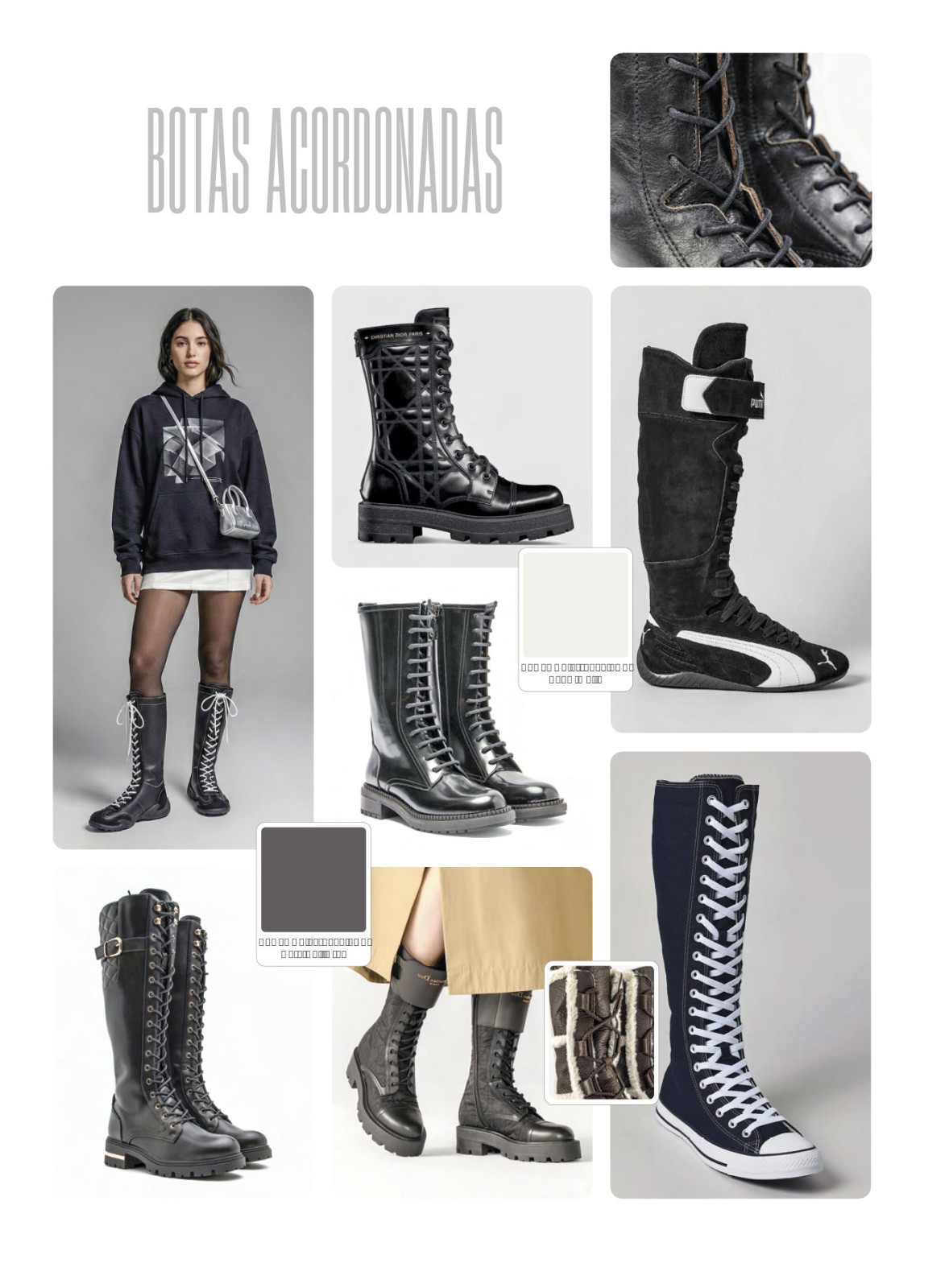 Laced boots with high lacing and utility profiles
