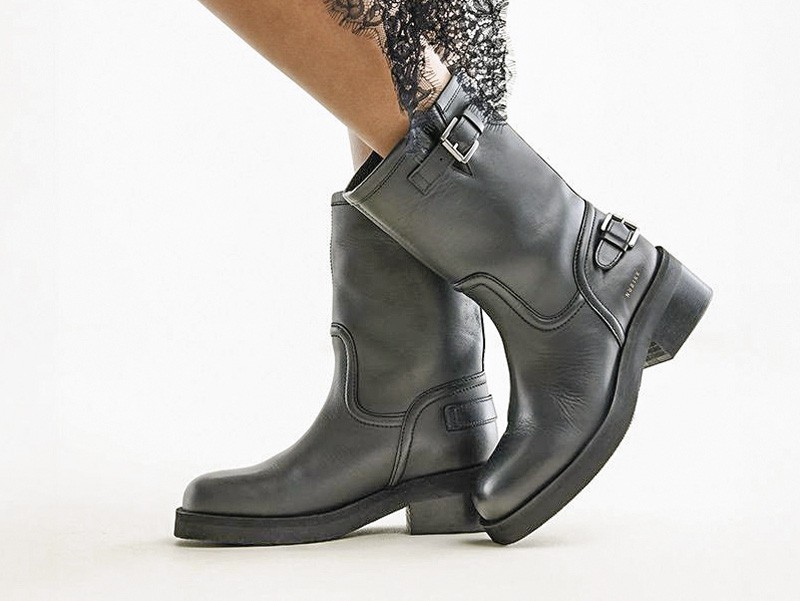 Biker boots with straps, buckles and track outsoles