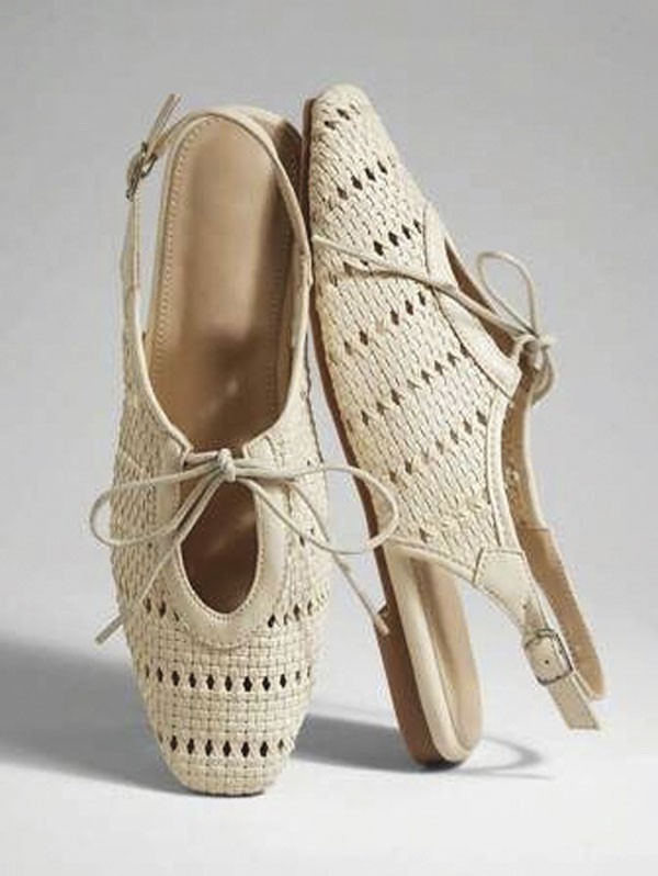 Textured slingbacks highlight pointed toes and back straps