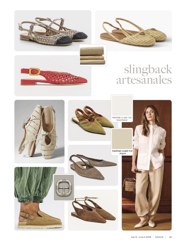 Textured slingbacks highlight pointed toes and back straps
