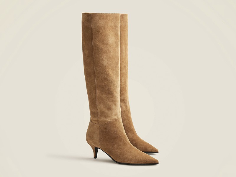 Women's suede boots in camel tones with leather and prints