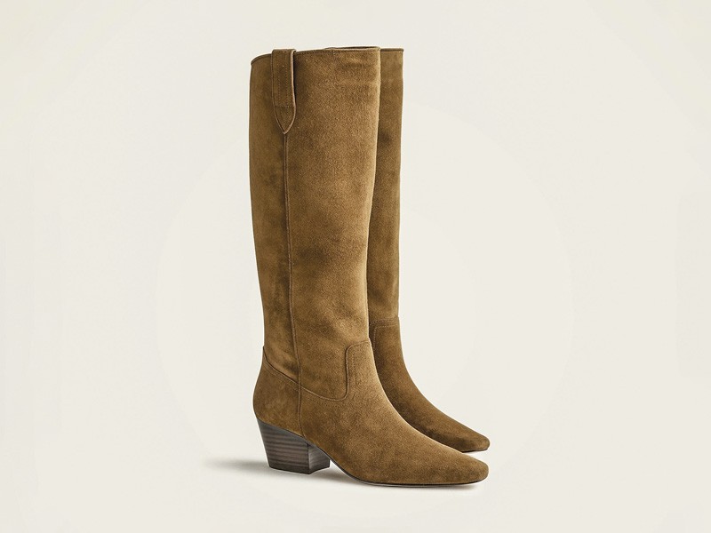 Women's suede boots in camel tones with leather and prints