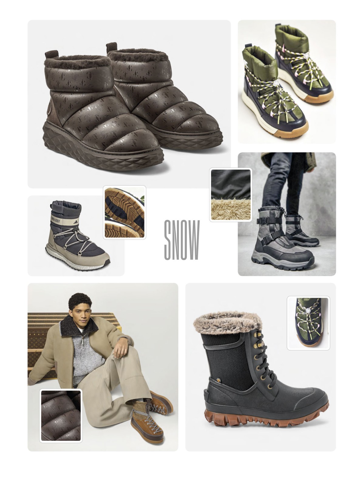 Men’s snow-style footwear with insulation and traction soles