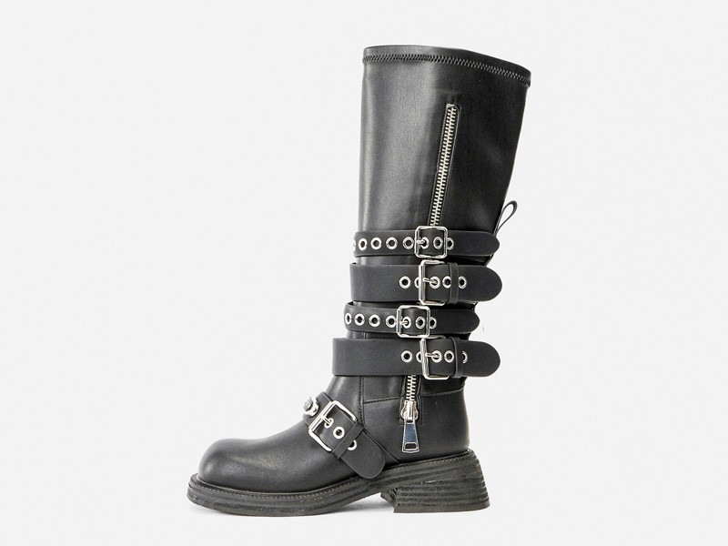 Biker boots with straps, buckles and track outsoles